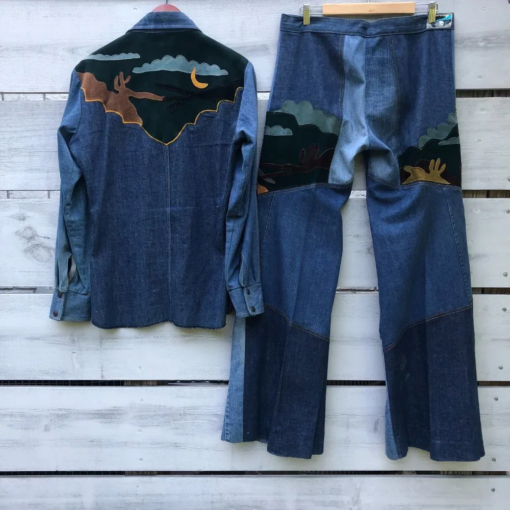 Antonio Giuseppe Vintage 1976 One-of-A-Kind Denim & Leather Suit Hippie Rare